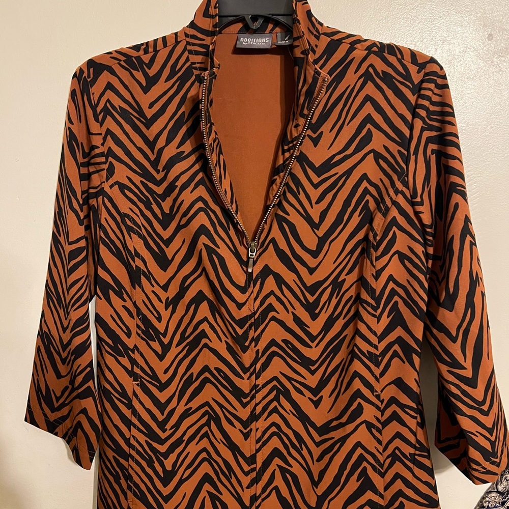 Chico's Tiger Stripe Bomber Jacket in Orange and Black